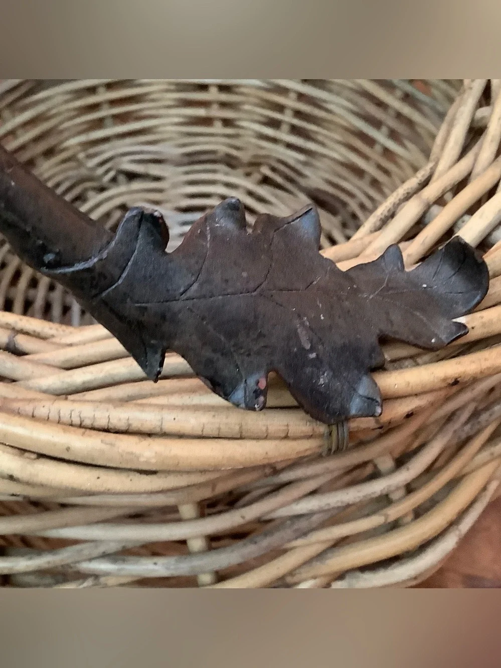 Vintage Handmade Wicker Basket, Wrought Iron Handle, Glass Rings & Oak Leaves